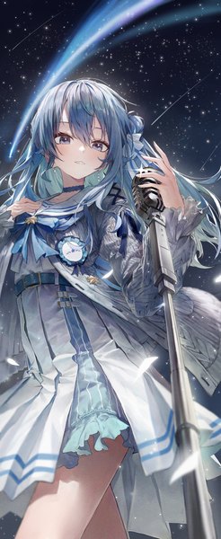 Anime picture 2200x5356 with virtual youtuber hololive hoshimachi suisei hoshimachi suisei (school uniform) fudepenbrushpen single long hair tall image fringe highres hair between eyes blue hair looking away multicolored hair official alternate costume colored inner hair shooting star girl hair ornament choker