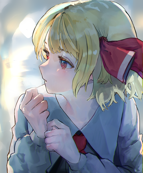 Anime picture 3300x4000 with touhou rumia eneshi single tall image highres short hair blonde hair red eyes looking away absurdres upper body profile girl ribbon (ribbons) hair ribbon