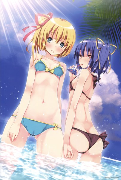 Anime picture 2570x3800 with melonbooks refeia tall image blush highres short hair breasts blue eyes light erotic blonde hair multiple girls brown eyes blue hair sky cloud (clouds) ass scan official art one side up partially submerged