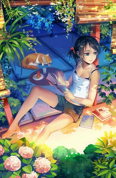 Anime picture 654x1000 with original ofskysociety tall image short hair blue eyes black hair smile ponytail from above side ponytail girl flower (flowers) bow plant (plants) hair bow animal food shorts book (books) cat