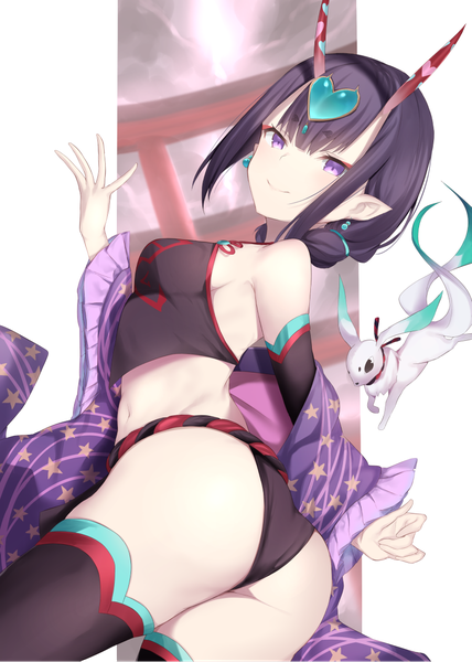 Anime picture 849x1191 with fate (series) fate/grand order shuten douji (fate) shuten douji (halloween caster) (fate) maosame single long hair tall image looking at viewer fringe breasts light erotic smile standing white background purple eyes bare shoulders payot purple hair ass