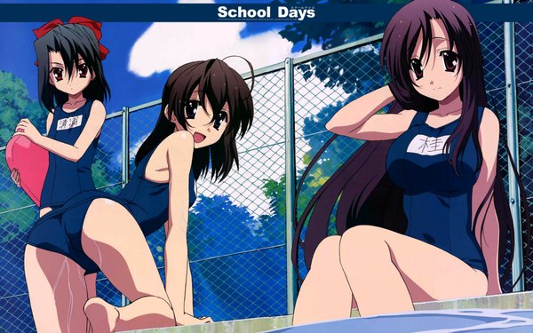 Anime picture 1920x1200 with school days katsura kotonoha saionji sekai kiyoura setsuna highres light erotic wide image swimsuit one-piece swimsuit school swimsuit