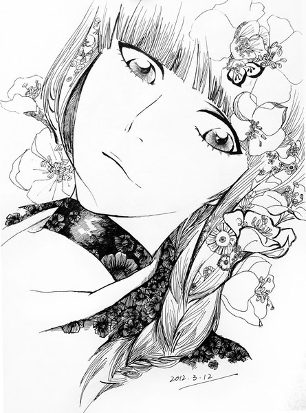 Anime picture 1112x1500 with bleach studio pierrot kurotsuchi nemu 191138693 single long hair tall image looking at viewer fringe simple background white background blunt bangs braid (braids) hair flower single braid dated monochrome face girl flower (flowers)