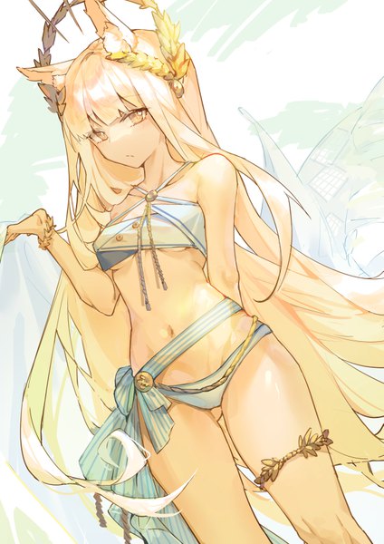 Anime picture 4961x7016 with arknights platinum (arknights) kotatsu kaya single tall image fringe highres breasts light erotic blonde hair standing animal ears yellow eyes absurdres very long hair underboob ass visible through thighs arm behind back girl swimsuit