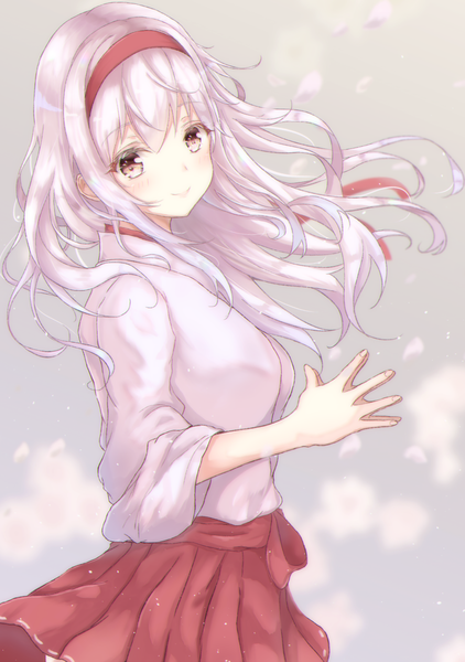 Anime picture 2443x3470 with kantai collection shoukaku aircraft carrier sa-ya2 single long hair tall image fringe highres smile hair between eyes silver hair wind turning head fingers together girl skirt hairband red skirt
