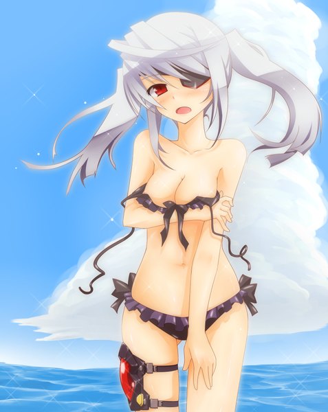 Anime picture 1496x1882 with infinite stratos 8bit laura bodewig digi-ai tall image blush breasts open mouth light erotic red eyes twintails silver hair girl navel swimsuit bikini black bikini eyepatch