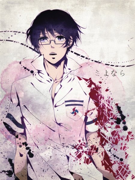 Anime picture 750x1000 with another p.a. works kazami tomohiko saito yukihiro single tall image short hair open mouth purple eyes purple hair looking up open collar boy uniform glasses