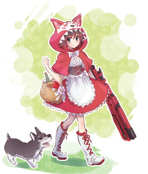 イラスト 1094x1280 と rwby little red riding hood rooster teeth ruby rose little red riding hood (character) zwei (rwby) いえすぱ ソロ 長身像 カメラ目線 短い髪 simple background 笑顔 茶色の髪 全身 grey eyes gradient hair lacing コスプレ walking