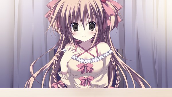 Anime picture 1280x720 with gakuou konoe akari korie riko single long hair blush brown hair wide image brown eyes game cg girl dress ribbon (ribbons) hair ribbon