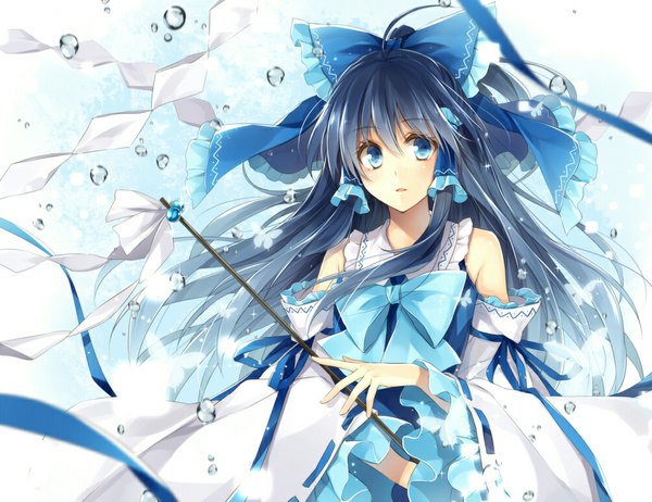 Anime picture 1000x770 with touhou hakurei reimu hagiwara rin single long hair looking at viewer blue eyes black hair traditional clothes miko alternate color girl ribbon (ribbons) bow hair bow detached sleeves water drop gohei