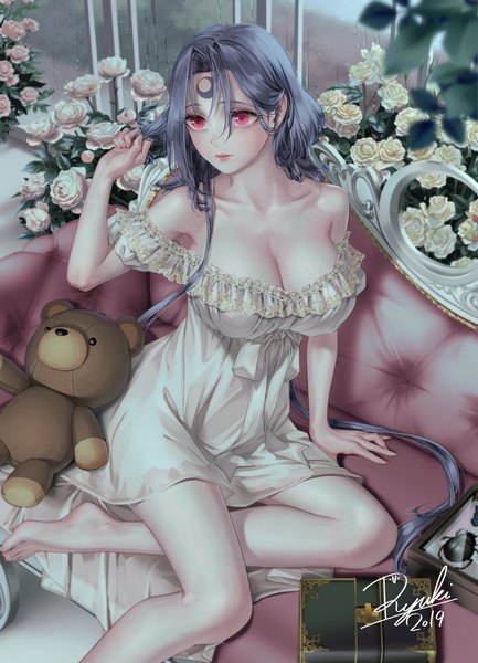 Anime picture 1386x1920 with original ryuki@maguro-ex single long hair tall image blush fringe breasts light erotic large breasts sitting bare shoulders signed looking away cleavage indoors pink eyes barefoot arm up grey hair