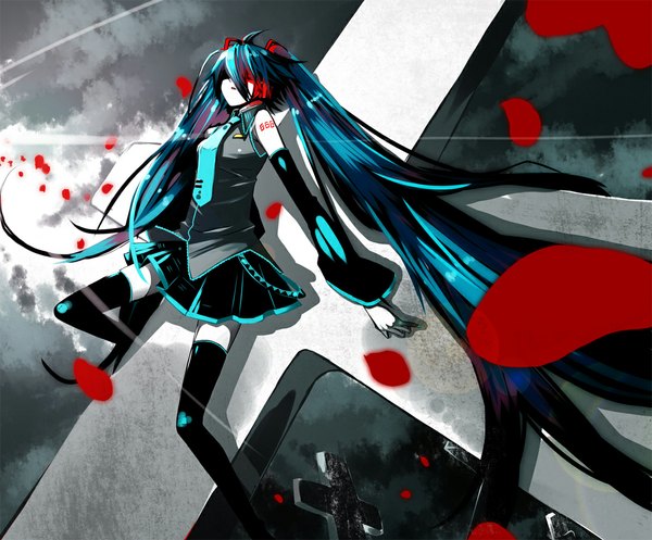 Anime picture 1100x912 with vocaloid hatsune miku twintails blue hair glowing glowing eye (eyes) girl detached sleeves petals necktie cross