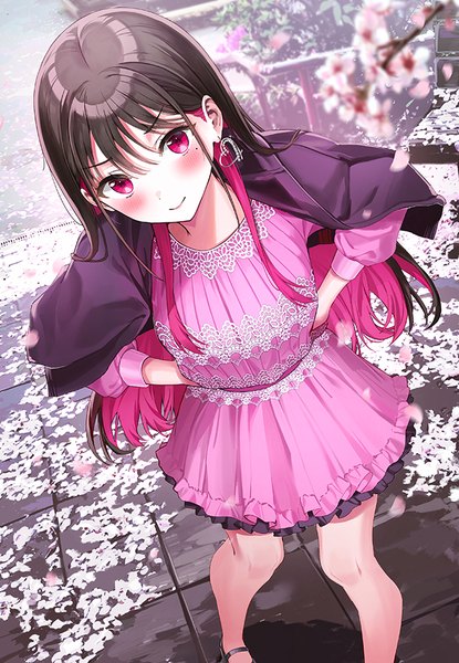 Anime picture 623x900 with original rangu single long hair tall image looking at viewer blush fringe black hair smile hair between eyes standing pink hair outdoors long sleeves pink eyes multicolored hair blurry mole two-tone hair