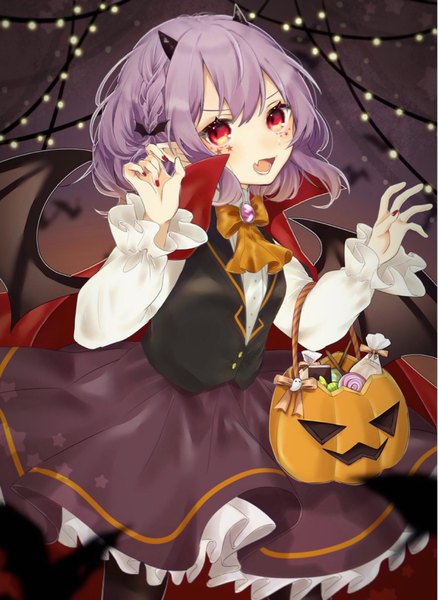 Anime picture 1233x1689 with touhou remilia scarlet youtan single tall image looking at viewer short hair open mouth red eyes purple hair long sleeves nail polish halloween claw pose girl skirt shirt wings white shirt vest