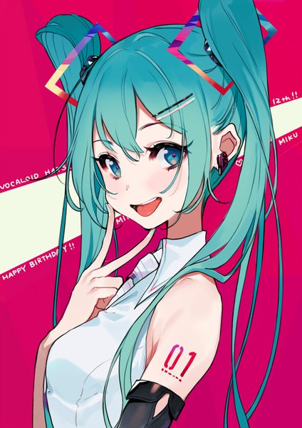 Anime picture 1060x1500 with vocaloid hatsune miku yuu (higashi no penguin) single long hair tall image looking at viewer fringe open mouth blue eyes simple background smile hair between eyes twintails bare shoulders payot upper body :d aqua hair tattoo