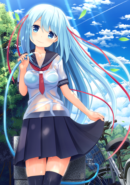 Anime picture 905x1280 with original iwamoto sora single long hair tall image looking at viewer blush fringe blue eyes light erotic smile hair between eyes standing holding blue hair sky cloud (clouds) outdoors head tilt pleated skirt