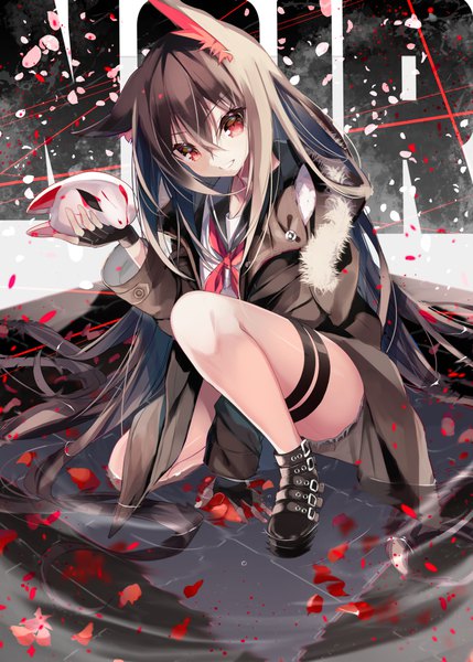 Anime picture 740x1035 with original asaki yukiko nekoboshi sakko single tall image looking at viewer fringe light erotic black hair smile hair between eyes red eyes holding animal ears payot full body long sleeves very long hair parted lips inscription