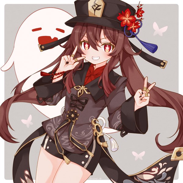 Anime-Bild 2000x2000 mit genshin impact hu tao (genshin impact) boo tao (genshin impact) saekiya sabou single long hair highres smile red eyes brown hair twintails grey background grin border symbol-shaped pupils victory outside border ghost girl hat