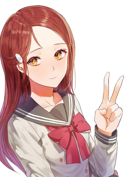 Anime picture 800x1132 with love live! sunshine!! sunrise (studio) love live! sakurauchi riko kim eb single long hair tall image simple background white background yellow eyes looking away upper body red hair from above light smile victory girl uniform hair ornament