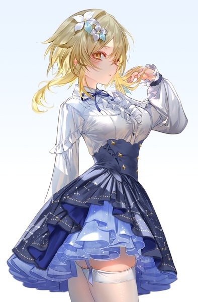 Anime picture 2300x3500 with genshin impact lumine (genshin impact) pottsness single tall image looking at viewer blush fringe highres short hair breasts simple background blonde hair hair between eyes large breasts standing yellow eyes payot long sleeves profile