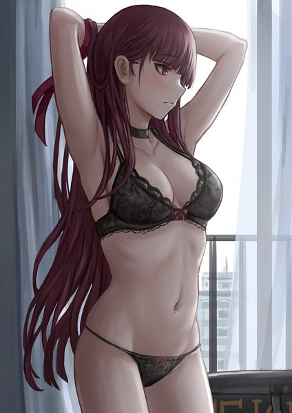 Anime picture 950x1344 with girls frontline wa2000 (girls frontline) selcky single long hair tall image fringe breasts light erotic red eyes large breasts standing looking away cleavage purple hair indoors blunt bangs profile arms up underwear only