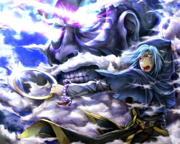 Anime picture 1200x960 with touhou kumoi ichirin unzan ryuuichi (f dragon) single short hair open mouth purple eyes blue hair cloud (clouds) glowing glowing eye (eyes) girl hood beads prayer beads