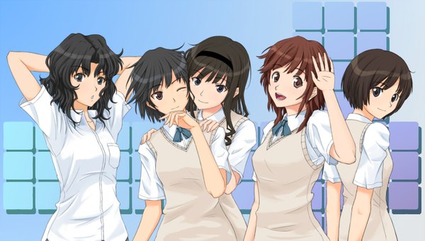 Anime picture 1680x955 with amagami nanasaki ai morishima haruka tanamachi kaoru nakata sae sakurai rihoko hoshino yuumi gebo (artist) black hair brown hair wide image multiple girls brown eyes one eye closed wink black eyes group arms behind head girl serafuku