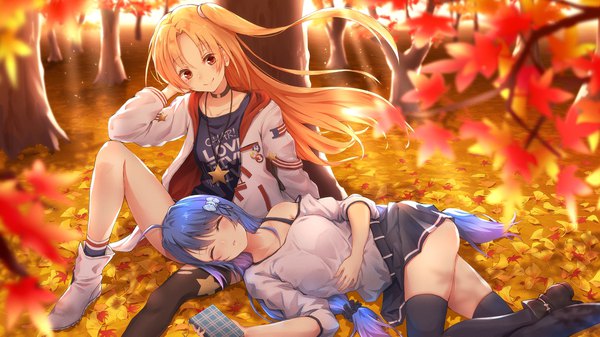 Anime picture 2100x1181 with azur lane cleveland (azur lane) helena (azur lane) cleveland (road trip!) (azur lane) toki (toki ship8) long hair blush highres blonde hair smile red eyes wide image sitting twintails multiple girls payot blue hair ahoge bent knee (knees) outdoors