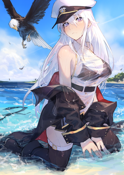 Anime picture 1200x1690 with azur lane enterprise (azur lane) mephist single long hair tall image looking at viewer blush fringe light erotic hair between eyes purple eyes bare shoulders payot sky silver hair cloud (clouds) outdoors head tilt pleated skirt