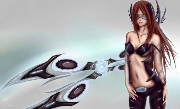 Anime picture 3800x2300 with league of legends irelia (league of legends) zackargunov single long hair highres light erotic brown hair wide image purple eyes bare shoulders absurdres lips girl navel weapon goggles