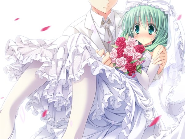 Anime picture 1280x960 with touhou kagiyama hina yayoi and nagi single long hair blush green eyes green hair girl dress gloves flower (flowers) petals elbow gloves bouquet wedding dress