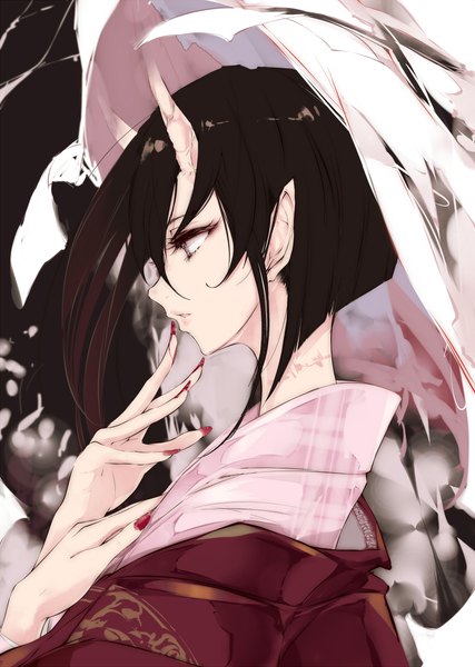 Anime picture 786x1105 with original touma raito single tall image fringe short hair hair between eyes brown hair looking away nail polish traditional clothes parted lips japanese clothes profile horn (horns) fingernails pointy ears demon girl eyeshadow oni horns