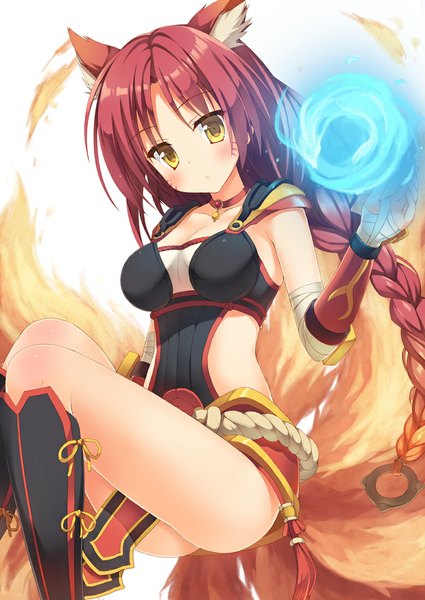 Anime picture 779x1100 with league of legends ahri (league of legends) saeki nao single long hair tall image looking at viewer blush light erotic animal ears yellow eyes red hair tail braid (braids) animal tail fox ears single braid fox tail girl detached sleeves