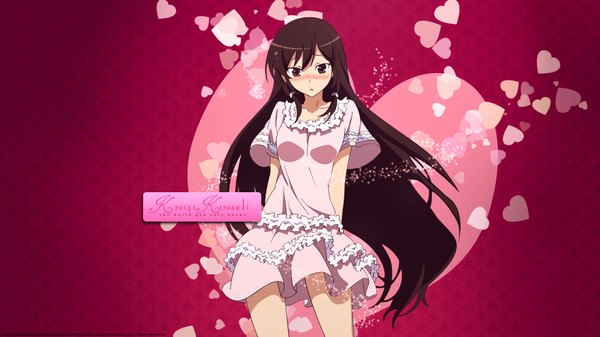 Anime picture 1920x1080 with kami nomi zo shiru sekai kusunoki kasuga single long hair blush highres black hair wide image black eyes girl heart sundress