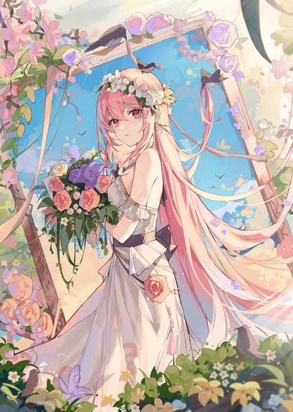 Anime picture 2540x3567 with original yajuu single tall image looking at viewer fringe highres open mouth hair between eyes red eyes standing bare shoulders holding payot pink hair outdoors very long hair :o turning head animal on head