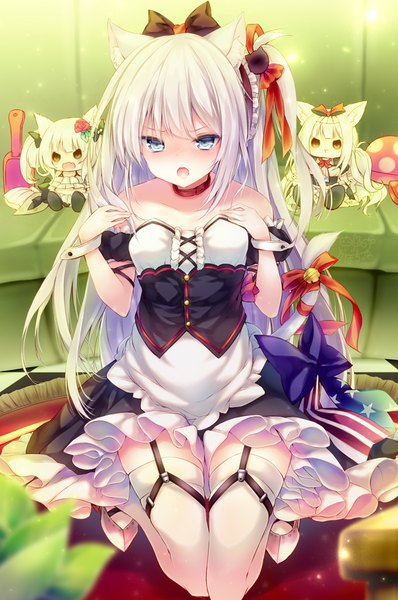 Anime picture 634x956 with azur lane hammann (azur lane) kabocha usagi single long hair tall image looking at viewer blush fringe open mouth blue eyes bare shoulders animal ears silver hair tail animal tail one side up kneeling tail ribbon retrofit (azur lane)