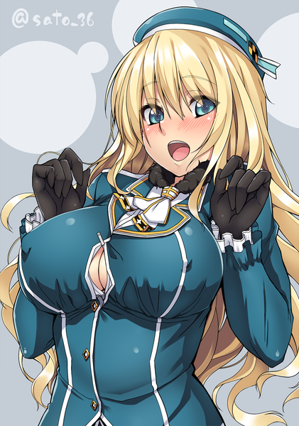 Anime picture 701x1000 with kantai collection atago heavy cruiser hebata single long hair tall image looking at viewer blush breasts open mouth blue eyes light erotic blonde hair large breasts no bra erect nipples covered nipples girl gloves uniform