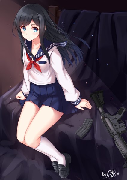 Anime picture 4133x5846 with original allenes single long hair tall image blush fringe highres blue eyes black hair sitting absurdres bent knee (knees) pleated skirt from above girl skirt uniform weapon socks