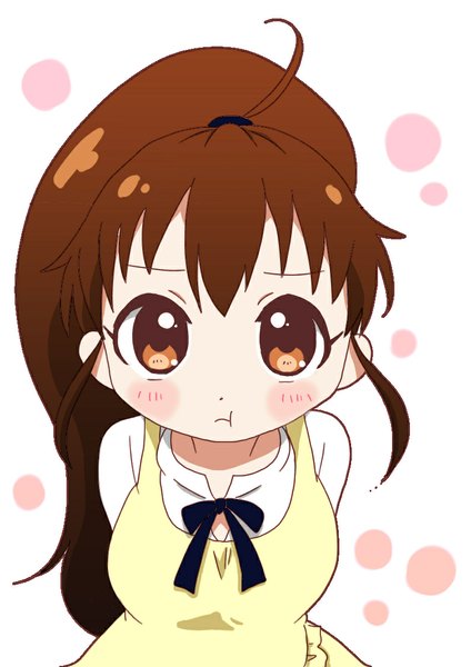 Anime picture 794x1123 with working!! a-1 pictures taneshima popura tama koneko single long hair tall image looking at viewer blush brown hair white background brown eyes ahoge ponytail from above hands behind back girl apron