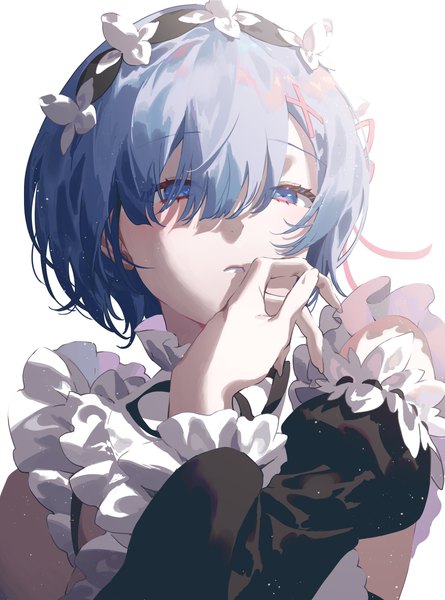 Anime picture 2000x2696 with re:zero kara hajimeru isekai seikatsu white fox rem (re:zero) fajyobore single tall image looking at viewer fringe highres short hair blue eyes simple background white background blue hair upper body hair over one eye wide sleeves maid hand to mouth girl