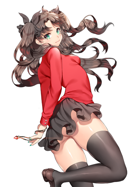 Anime picture 800x1111 with fate (series) fate/stay night toosaka rin ruhee single long hair tall image looking at viewer light erotic black hair simple background smile white background twintails green eyes bent knee (knees) ass nail polish looking back upskirt