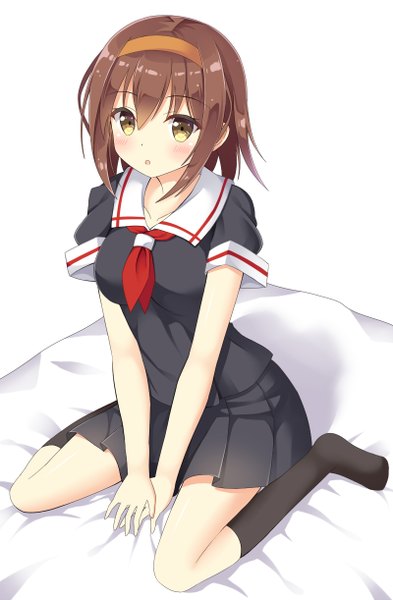 Anime picture 800x1222 with kantai collection shiratsuyu destroyer ro-ichi single tall image blush short hair open mouth brown hair white background yellow eyes girl skirt socks hairband black socks sailor suit