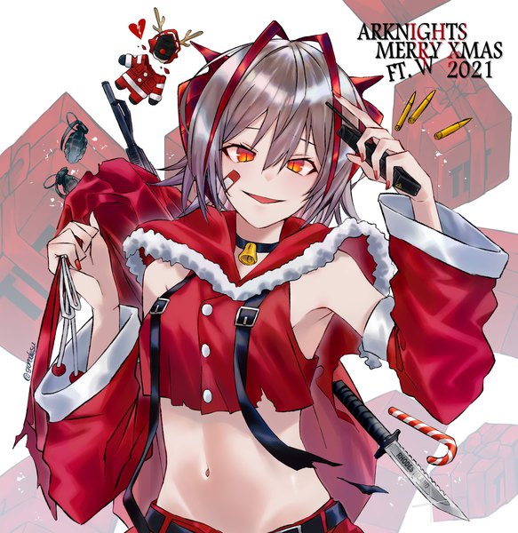 Anime-Bild 3000x3090 mit arknights w (arknights) goro desu single tall image looking at viewer blush fringe highres short hair open mouth hair between eyes standing signed silver hair nail polish fingernails midriff alternate costume copyright name