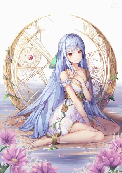 Anime picture 1000x1414 with original la campanella single tall image looking at viewer fringe hair between eyes red eyes sitting signed blue hair full body very long hair barefoot light smile hand on chest girl dress flower (flowers) ribbon (ribbons)