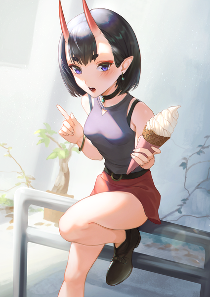 Anime picture 1300x1836 with fate (series) fate/grand order shuten douji (fate) otsukemono single tall image looking at viewer blush fringe short hair breasts open mouth black hair sitting purple eyes bare shoulders holding bent knee (knees) outdoors horn (horns)