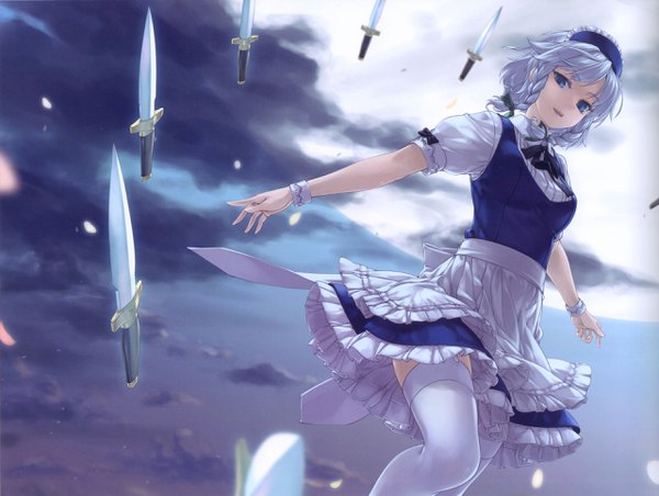 Anime picture 2560x1930 with touhou izayoi sakuya rokuwata tomoe single looking at viewer highres short hair open mouth blue eyes sky silver hair cloud (clouds) braid (braids) maid twin braids spread arms girl thighhighs dress skirt