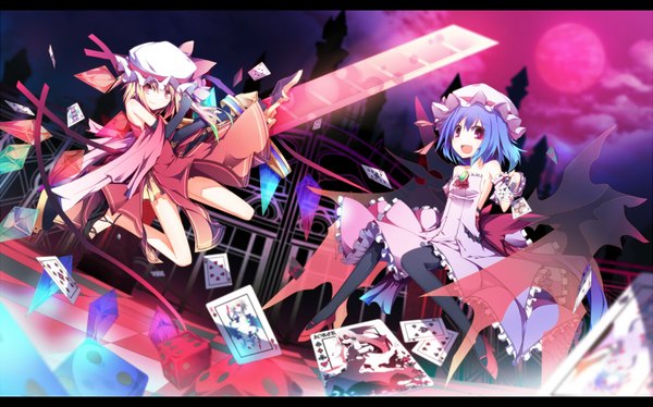 Anime picture 1500x937 with touhou flandre scarlet remilia scarlet ichiyan (artist) short hair open mouth blonde hair red eyes wide image multiple girls blue hair letterboxed red moon girl dress 2 girls wings crystal card (cards)