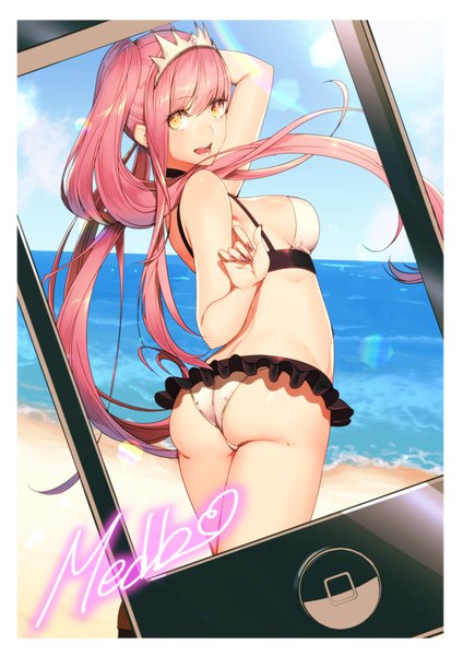 Anime picture 800x1131 with fate (series) fate/grand order apple inc. medb (fate) medb (swimsuit saber) (fate) domco single long hair tall image looking at viewer blush fringe breasts open mouth light erotic hair between eyes twintails yellow eyes payot pink hair