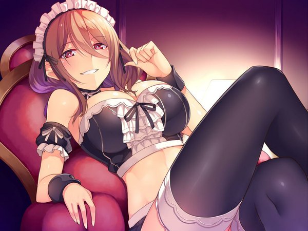 Anime picture 1024x768 with original horosuke single long hair blush fringe breasts light erotic smile red eyes brown hair large breasts maid crossed legs girl thighhighs uniform ribbon (ribbons) headdress maid headdress