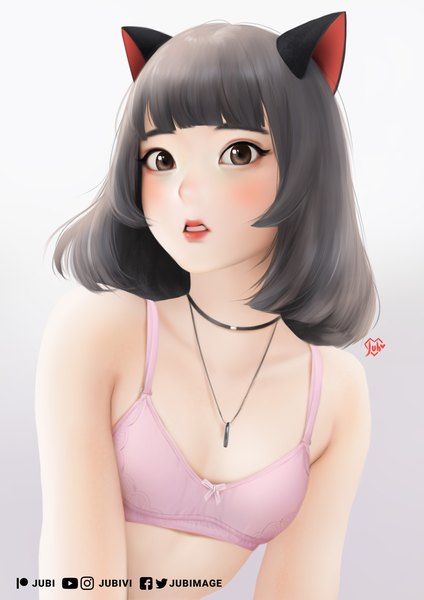Anime picture 2480x3508 with original hana (jubi) jubi (regiana) single tall image looking at viewer fringe highres short hair light erotic brown eyes signed animal ears upper body blunt bangs parted lips grey hair cat ears underwear only lipstick